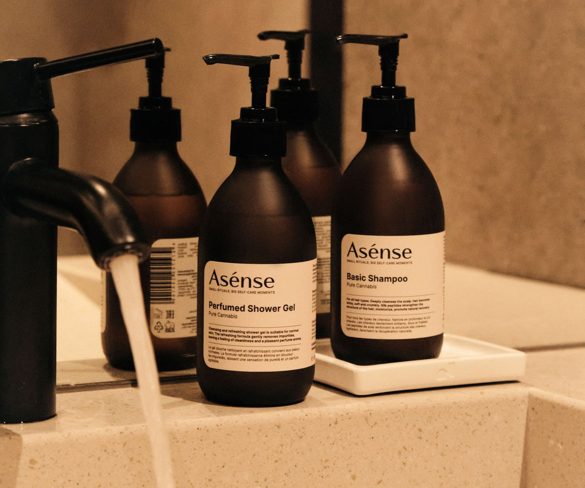 Asense shower gel and shampoo at a stone basin