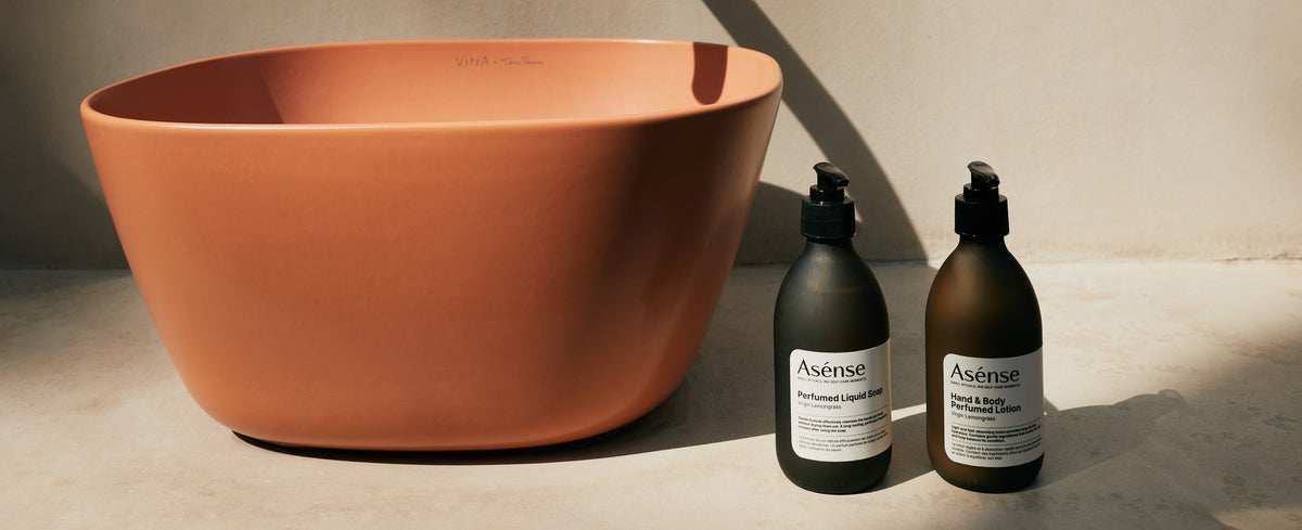 Asense Virgin Lemongrass bottles by a terracotta basin