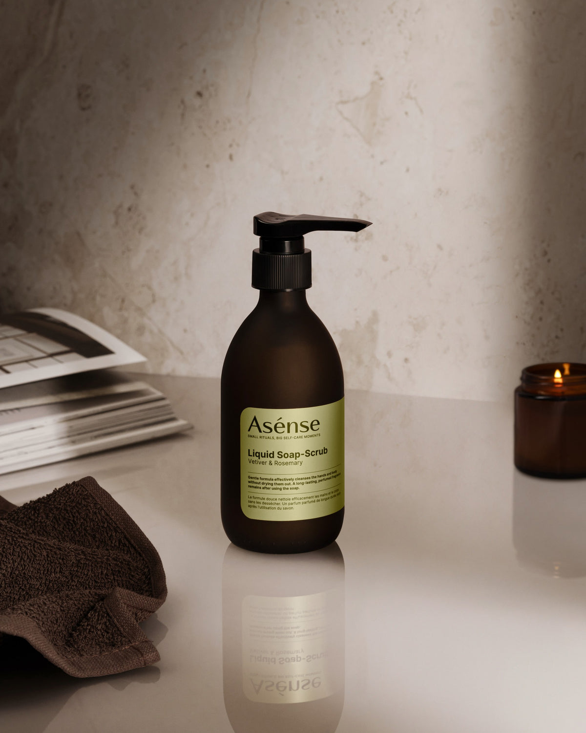 Asense Liquid Soap-Scrub Vetiver & Rosemary on a bathroom shelf
