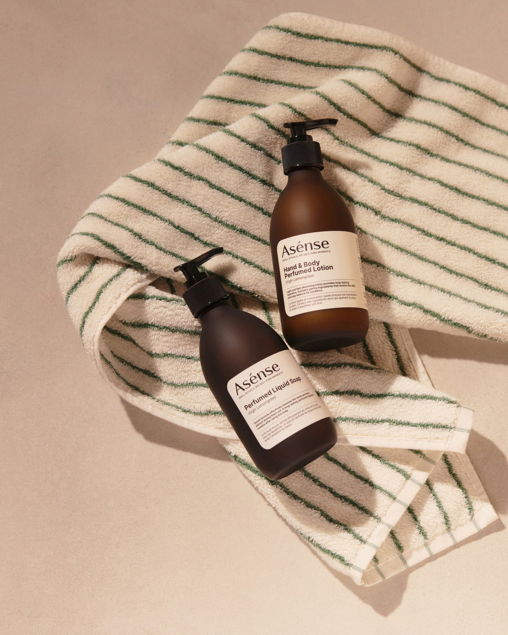 Asense Perfumed Liquid Soap Virgin Lemongrass on a striped towel