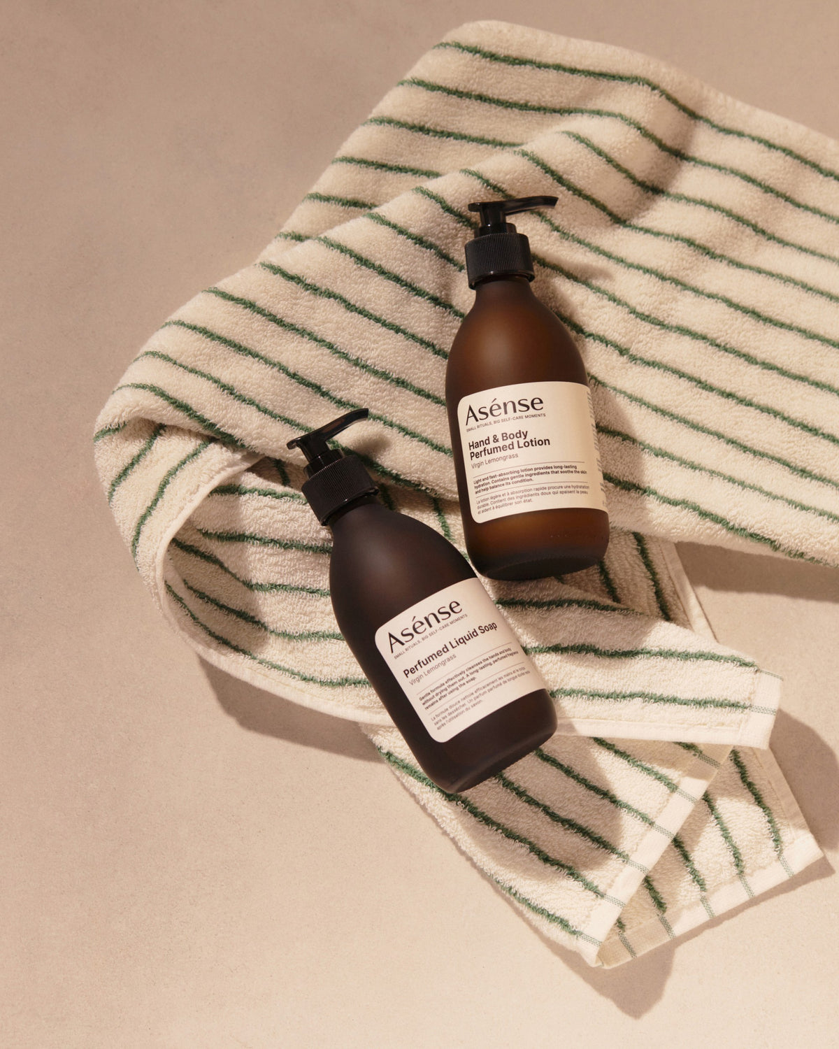 Asense Perfumed Liquid Soap Virgin Lemongrass on a striped towel